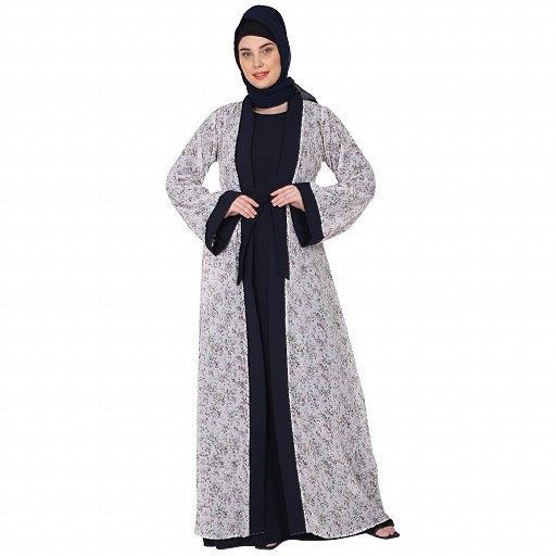Shrug abaya combo- Off-white printed Shrug with Navy inner abaya